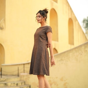 Brown Linen Dress with Cap Sleeves, Boat Neck Linen Tunic with Princess Seams, Midi Length Linen Dress, Plus Size Clothing image 3