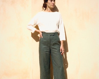 Wide Leg Linen Trousers in Moss | 100% Linen Trousers for Women, Handmade Made to Order, Plus Size