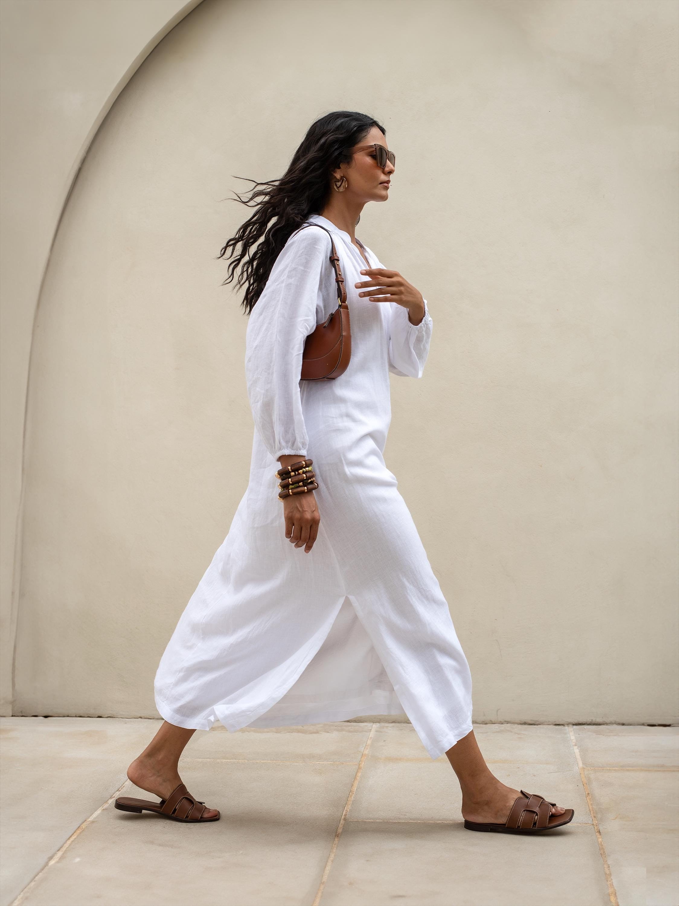 White Linen Maxi Dress: Long Sleeve V-neck, Loose Fit Dress With Pockets -  Etsy