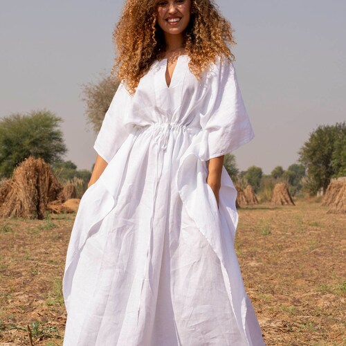 Long White Linen Kaftan Dress Lined 