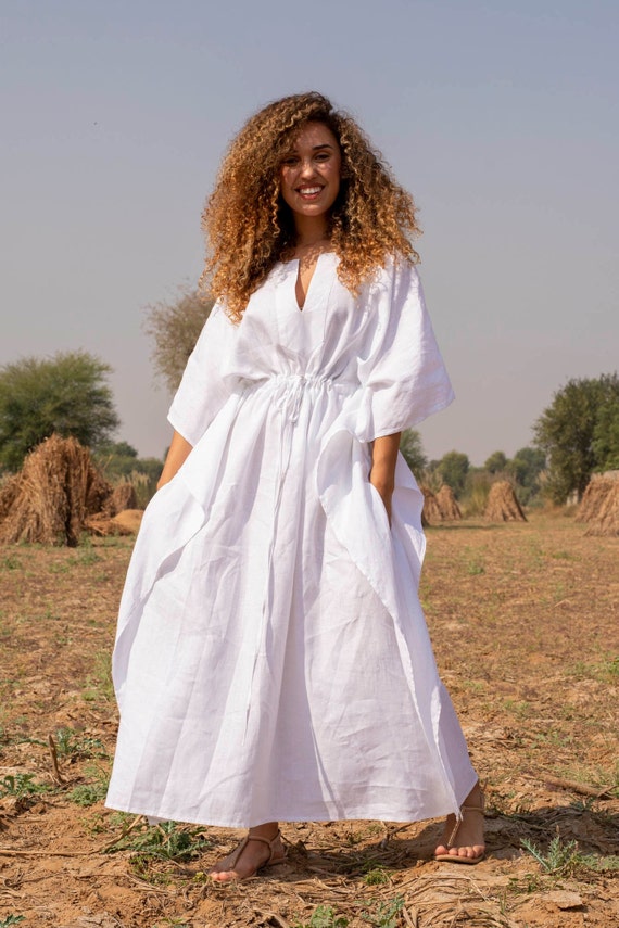 Long White Linen Kaftan Dress Lined 