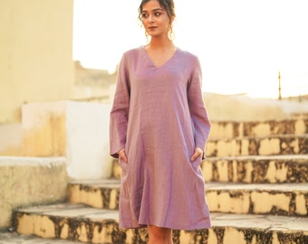 Loose Linen Dress with Long Sleeve, Midi Length Linen Dress Lined with Cotton, Loose Flax Dress For Women, Plus Size, Custom Size