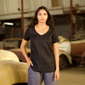 Black V Neck Linen Yoga Top, Comfy Linen Shirt, Short Linen Blouse, Loose Linen Top, Plus Size Clothing, Short Sleeve Blouse