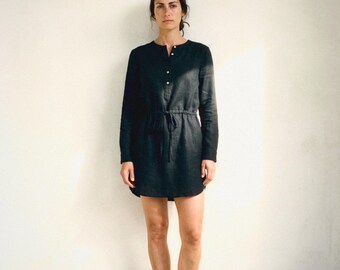 Drawstring Waist Mini Dress in Black | 100% Linen Dress for Women, Handmade Made to Order, Plus Size