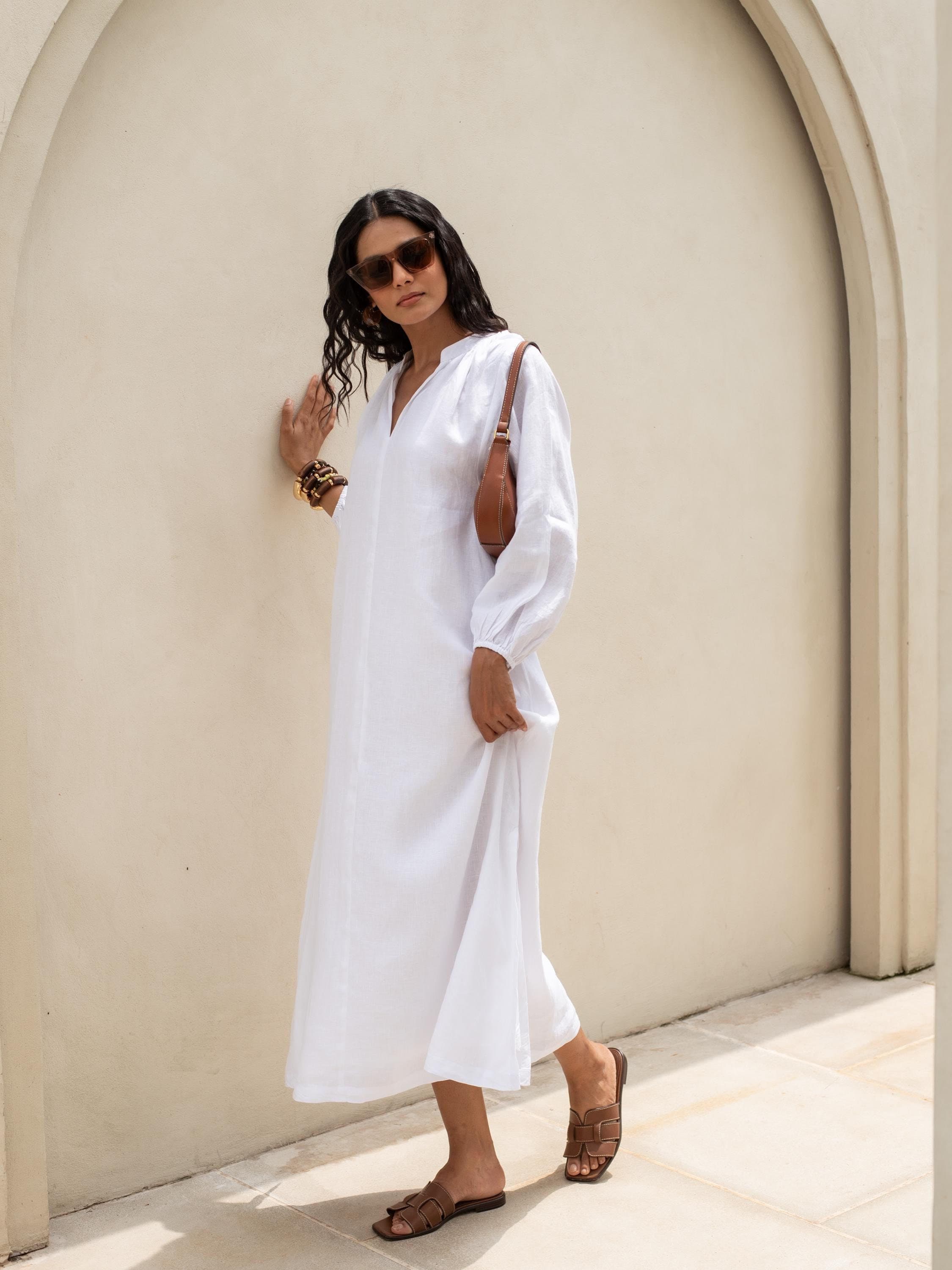 White Linen Maxi Dress: Long Sleeve V-Neck, Loose Fit