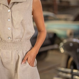 Linen Playsuit with Elastic Waistband and Collar, Sleeveless Linen Jumper with Pockets, Scrunched Waist Jumpsuit, Plus Size Clothing image 7