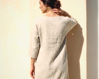 Boat Neck Linen Shift in Oatmeal | 100% Linen Dress for Women, Handmade Made to Order, Plus Size
