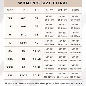 Puede incluir: Tabla de tallas para mujeres con medidas en pulgadas y cent&iacute;metros para el busto, la cintura y las caderas. Las tallas van de la XS a la 4XL.