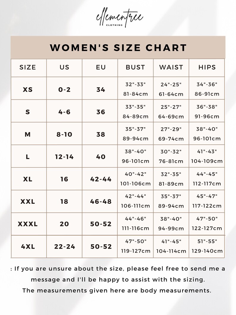 Puede incluir: Tabla de tallas para mujeres con medidas en pulgadas y cent&iacute;metros para el busto, la cintura y las caderas. Las tallas van de la XS a la 4XL.