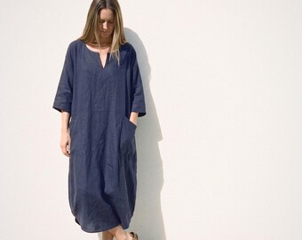 Batwing Linen Kaftan in Navy | 100% Linen Dress for Women, Handmade Made to Order, Plus Size