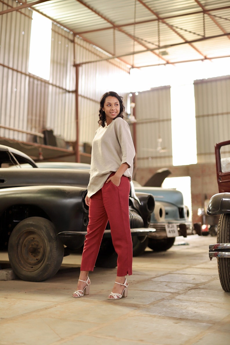 Red Linen Pants, Washed Trousers, High Waisted, Pants With Pockets, Loose Fit, Maxi Bottoms, Comfy Clothing, Plus Size Petite Clothing image 1