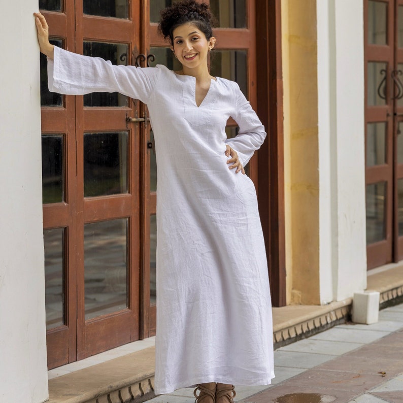 White linen kaftan dress, split neckline boho tunic, soft cotton lined dress, full sleeve with functional pockets