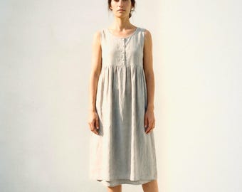 Button Front Gathered Midi in Light Grey | 100% Linen Dress for Women, Handmade Made to Order, Plus Size