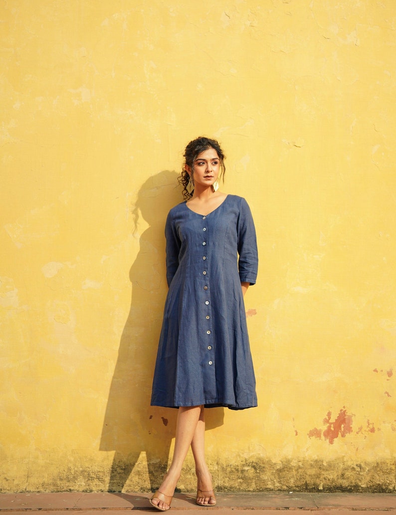 Button Down Linen Dress with Long Sleeve, V Neck Washed Linen Dress image 1