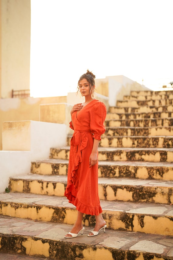 bright orange wrap dress Dance And Sway Satin Wrap Dress in Orange S / Orange