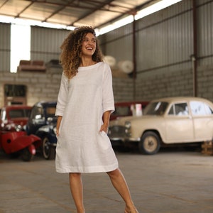 White Linen Midi Dress, Round Neck Modest Dress, Linen Dress With Pockets, Loose Fit Linen Dress , Plus Size Clothing image 1