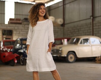 White Linen Midi Dress, Round Neck Modest Dress, Linen Dress With Pockets, Loose Fit Linen Dress , Plus Size Clothing
