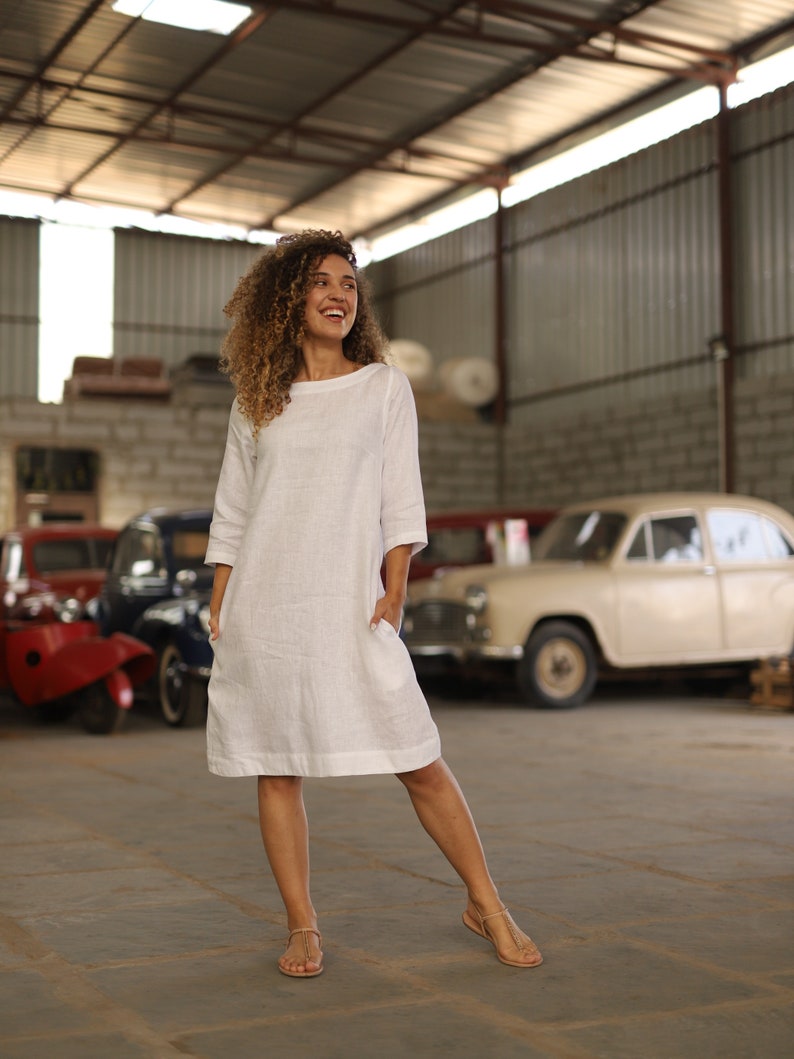 White Linen Midi Dress, Round Neck Modest Dress, Linen Dress With Pockets, Loose Fit Linen Dress , Plus Size Clothing image 1