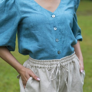 wide legged linen cargo pants, washed flax work pants with functional pockets