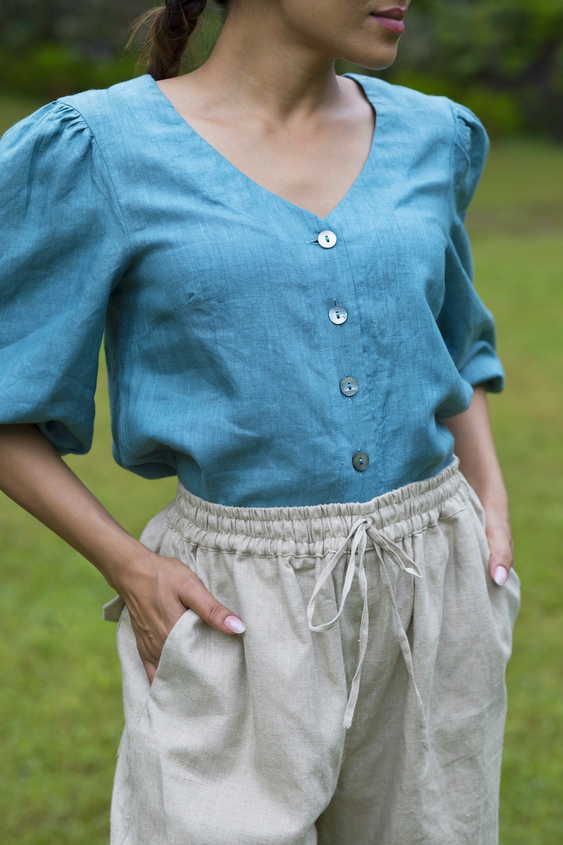 wide legged linen cargo pants, washed flax work pants with functional pockets