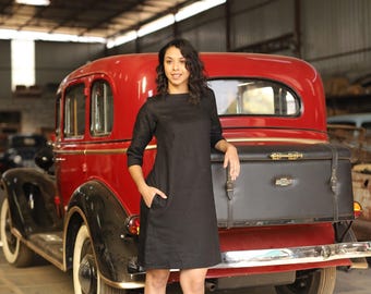 Three-Quarter Sleeve Linen Shift Dress in Charcoal | 100% Linen Dress for Women, Handmade Made to Order, Plus Size