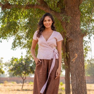 Organic Linen Wrap Crop Top: Short Sleeve Kimono Blouse