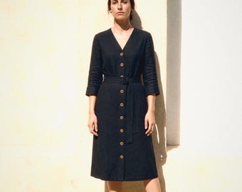 Belted Button Front Midi in Black | 100% Linen Dress for Women, Handmade Made to Order, Plus Size