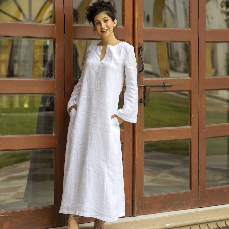 Long White Linen Kaftan Dress, Ankle Length Dress Lined with Cotton, Maxi With Pockets, Loose Flax Dress For Women, Plus Size, Custom Size White