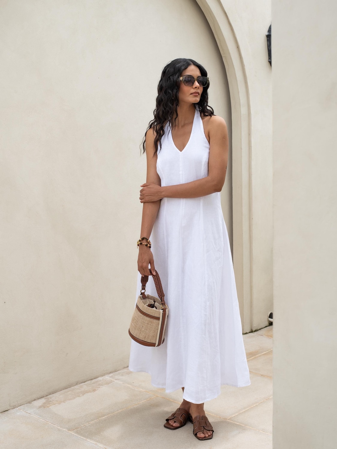 ARGUE アギュー Linen Cotton Vneck Dress ドレス Buy Pine Green Cotton Linen V-Neck Knee Length Blouson Dress