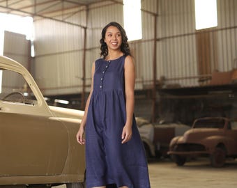 Button Front Gathered Midi in Navy | 100% Linen Dress for Women, Handmade Made to Order, Plus Size