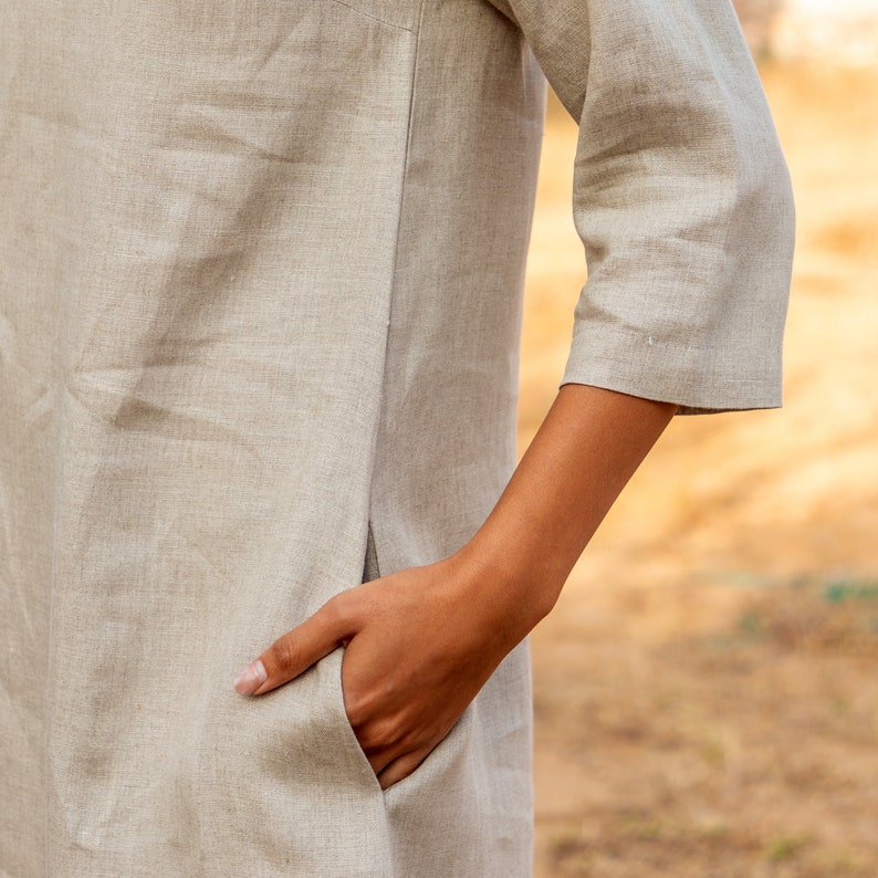 White Linen Midi Dress, Round Neck Modest Dress, Linen Dress With Pockets, Loose Fit Linen Dress , Plus Size Clothing image 7