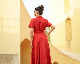 Red Linen Maxi Dress: Button-down Belted Dress With Pockets, Plus Size  Clothing - Etsy