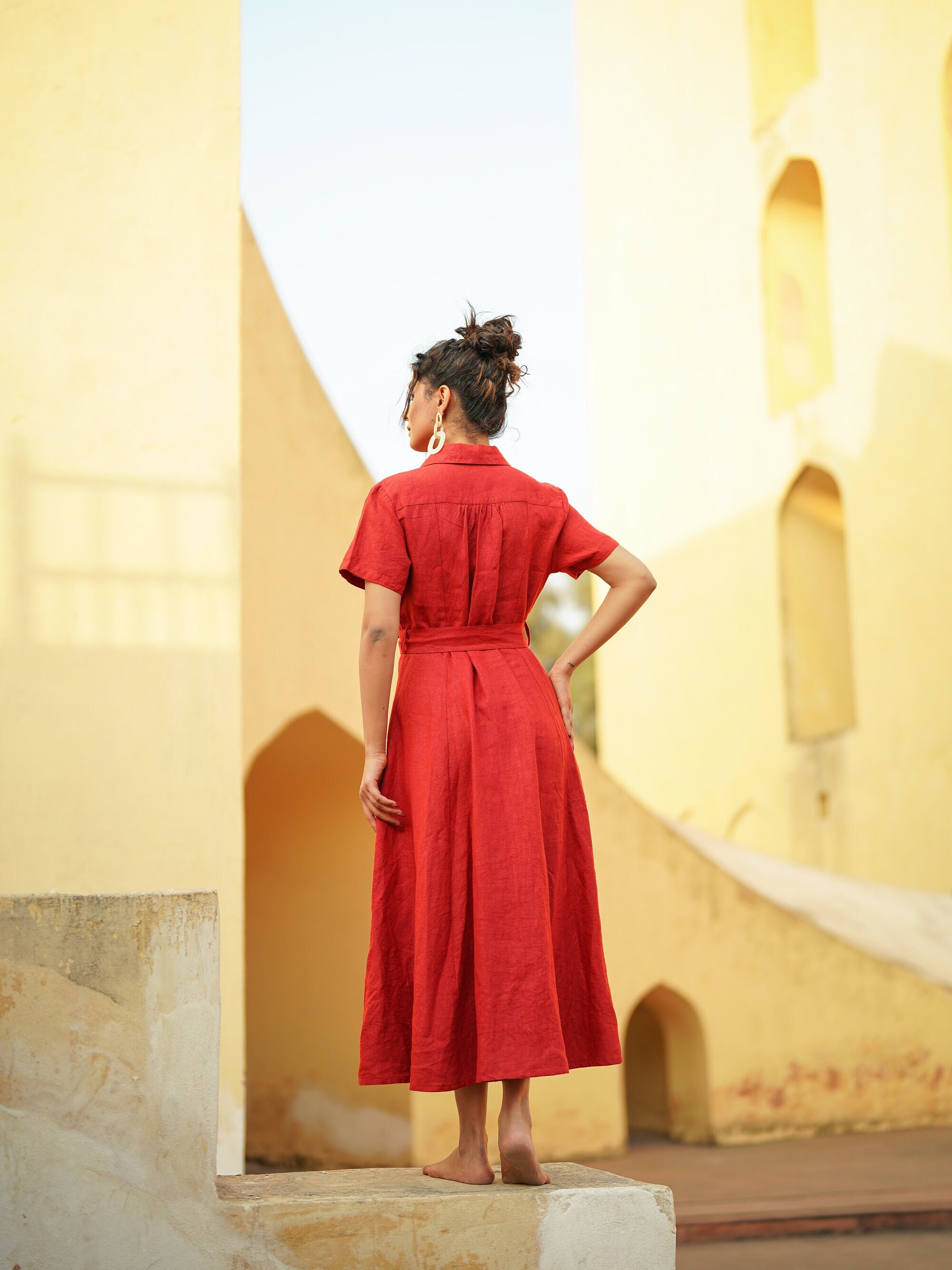 Red Linen Maxi Dress: Button-down Belted Dress With Pockets, Plus Size  Clothing - Etsy