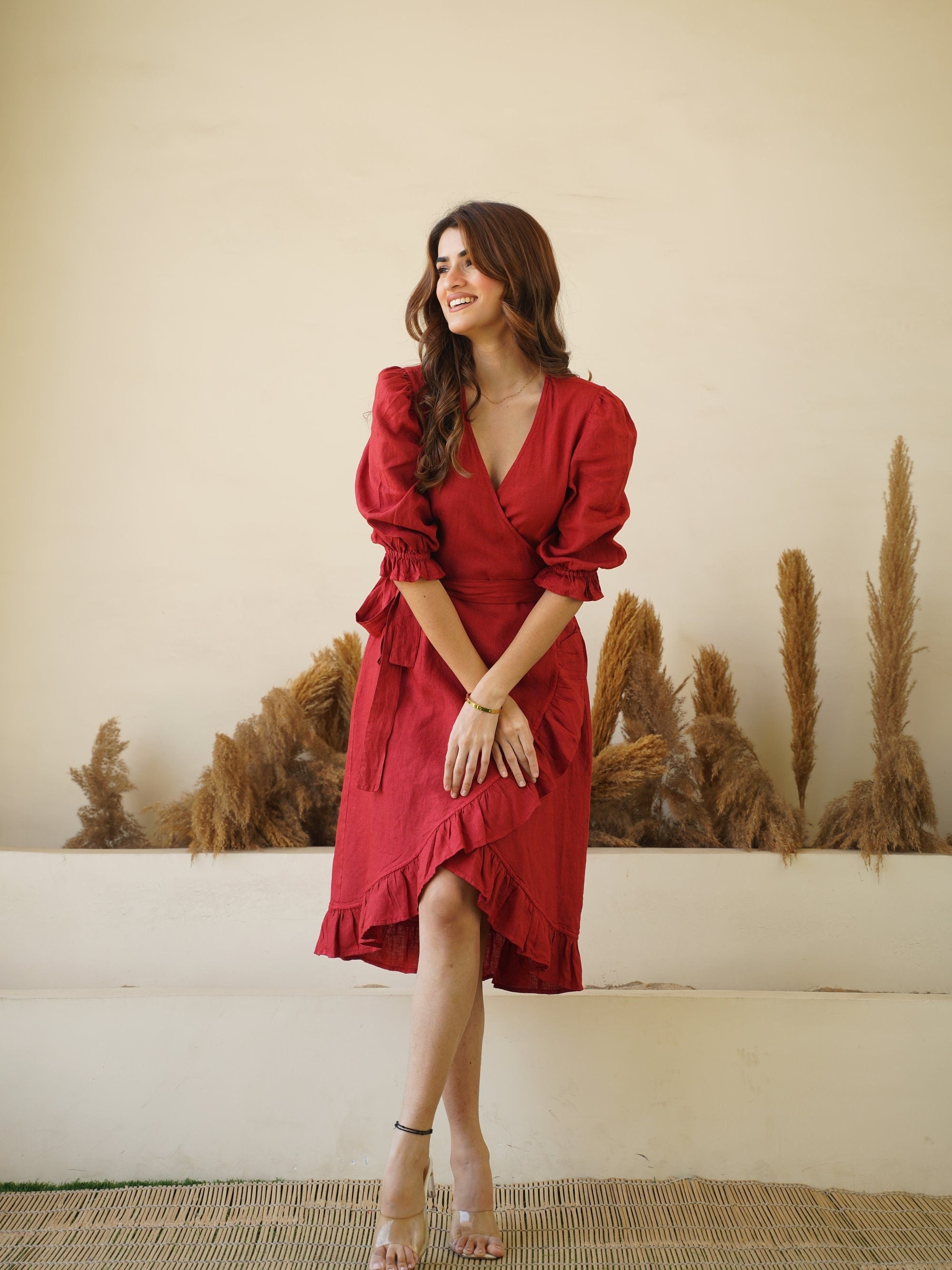 Linen Wrap Dress With Frills: Long Sleeve V Neck Midi Dress - Etsy Linen Wrap Dress With Frills: Long Sleeve V Neck Midi Dress - Etsy