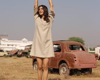 Boxy Linen Shift in Natural | 100% Linen Dress for Women, Handmade Made to Order, Plus Size