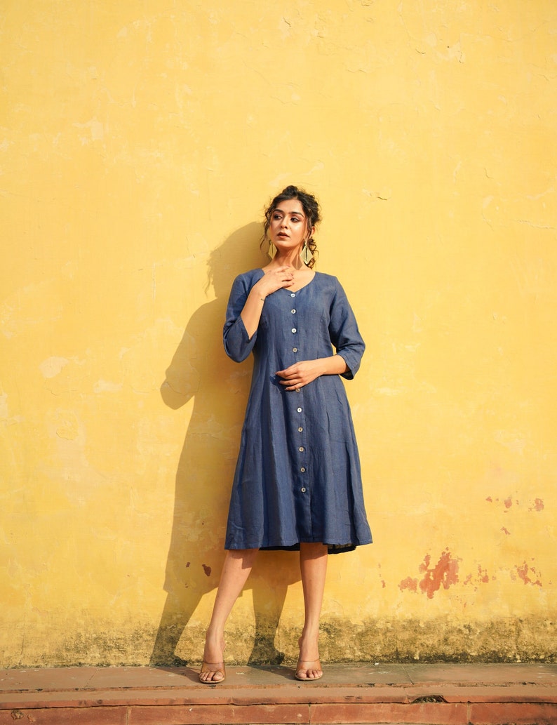 Button Down Linen Dress with Long Sleeve, V Neck Washed Linen Dress image 4