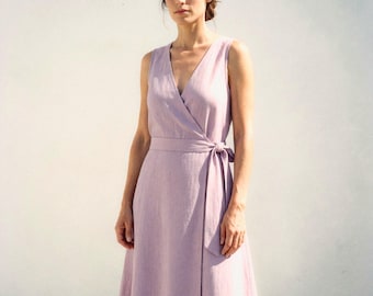 Sleeveless Wrap Midi Dress in Lilac | 100% Linen Dress for Women, Handmade Made to Order, Plus Size