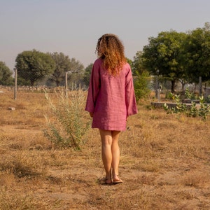 Pink Linen Shift Dress, Long Sleeves Top, Comfy Short Tunic, Casual Summer Smock With Pockets, Flax Top, Plus Size Petite, Custom Fit Size image 6