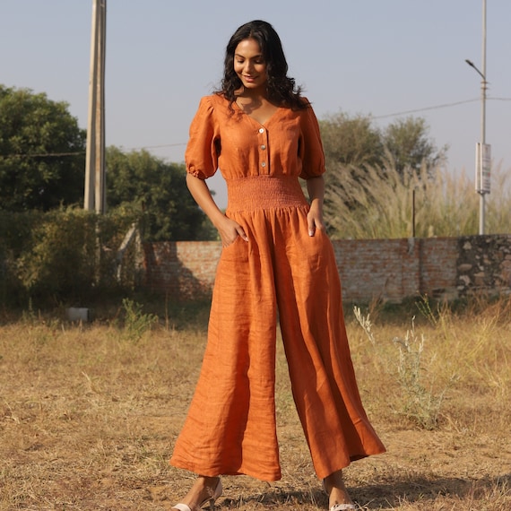 Ineenstorting bitter huid Buy Orange Linen Jumpsuit Boho Romper With Pockets and Zipper Online in  India - Etsy