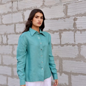 Blue Linen Shirt, Button Up Blouse with Long Sleeves, Washed Organic Linen, Casual Shirt For Women, Plus Size and Custom Design image 4