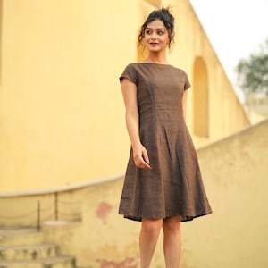 Brown Linen Dress with Cap Sleeves, Boat Neck Linen Tunic with Princess Seams, Midi Length Linen Dress, Plus Size Clothing image 2