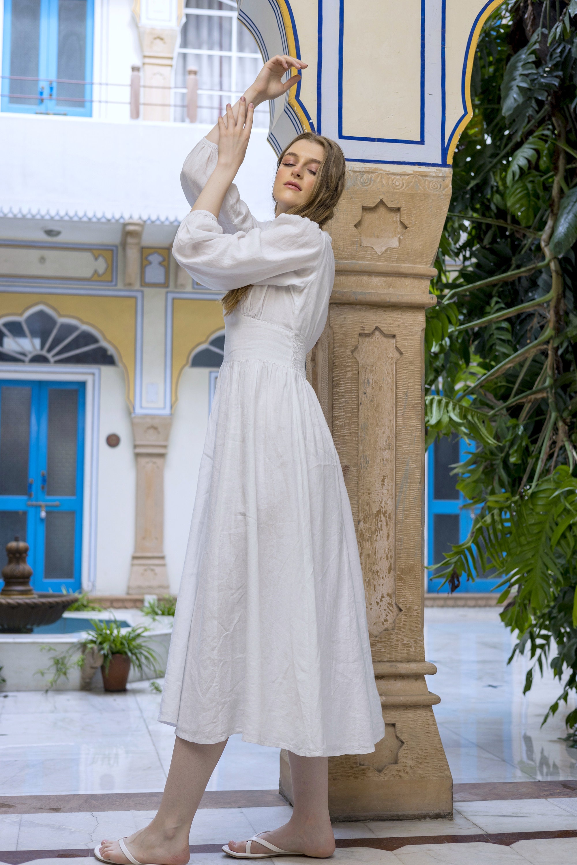 white linen long sleeve maxi dress White Linen Maxi Dress - Two-Layered Oversized Soft Fit C554
