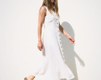 Button Front Linen Midi in White | 100% Linen Dress for Women, Handmade Made to Order, Plus Size