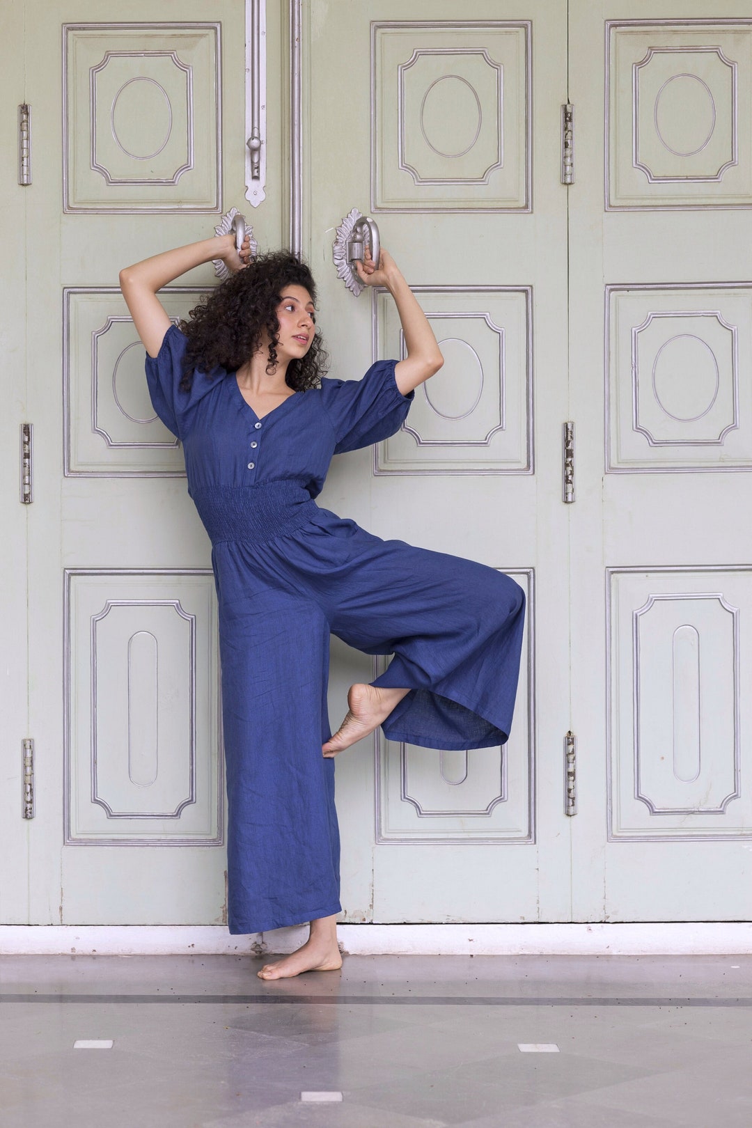 Indigo Linen Jumpsuit With Wide Leg Pants, Blue Romper With Pockets and ...