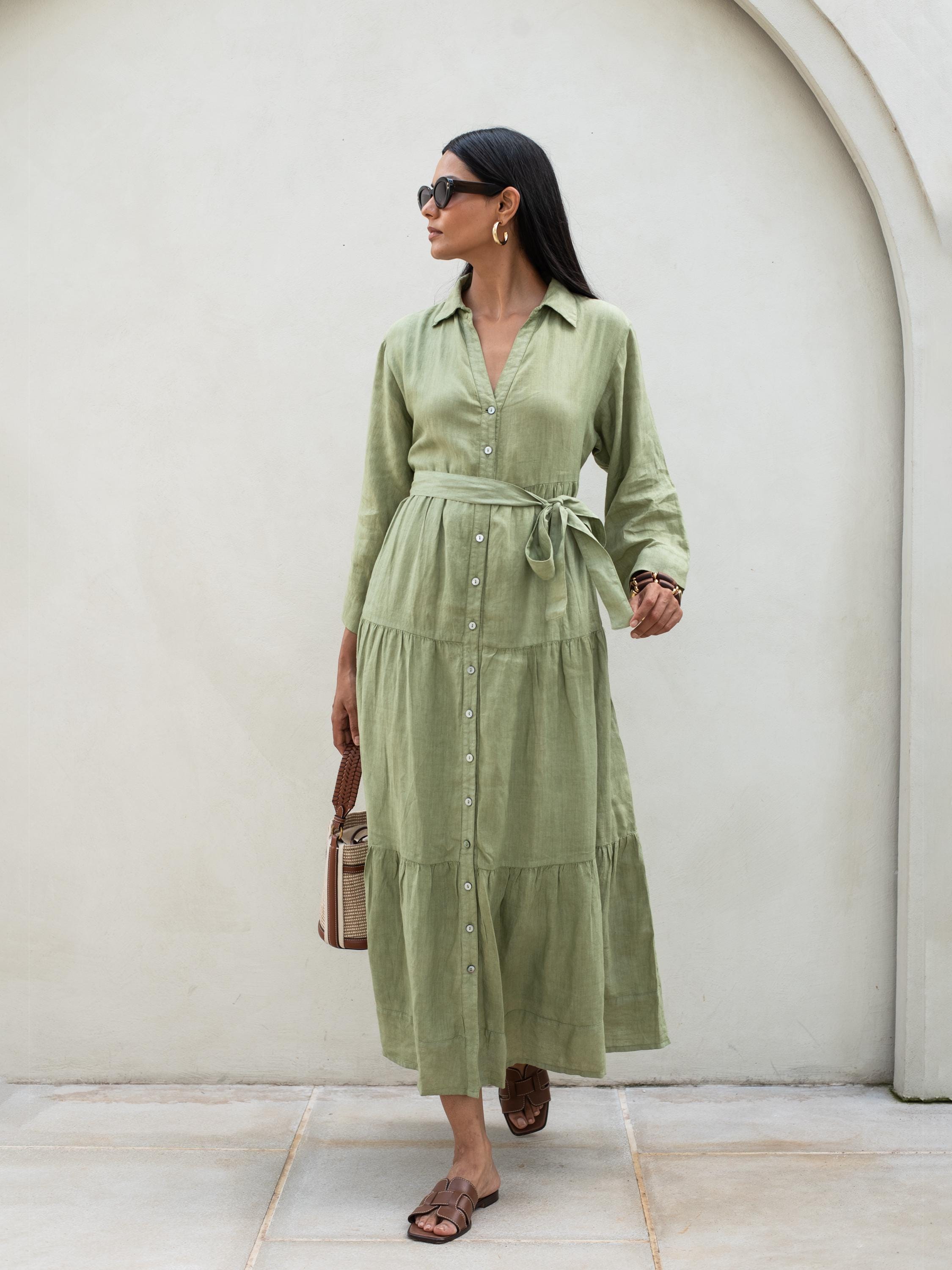 knee length dresses for ladies Linen Midi Summer Dress Mystic