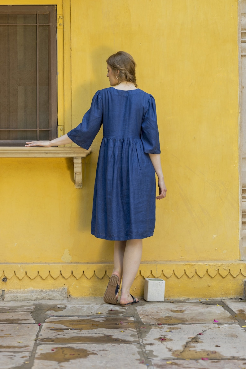 Oversized Indigo Linen Maternity Dress, Long Sleeve Loose Tunic With Pleated Skirt and Button Closure, Boho Modest, Plus Size, Custom Size image 5