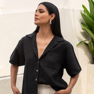 Linen Oversized Blouse, Loose Fit Linen Shirt, Short Sleeve Linen Top with Button Closure