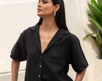 Oversized Linen Blouse: Loose Fit Short Sleeve Organic Shirt