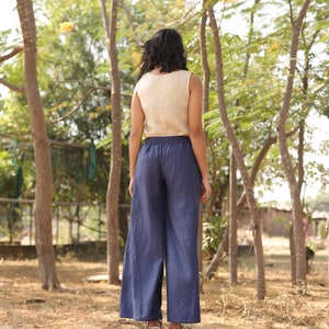 Blue Linen Pants, Washed Linen Bottoms, Palazzo, High Waisted, Baggy Pants With Pockets, Loose Fit, Wide Leg Pants, Plus Size Clothing image 6