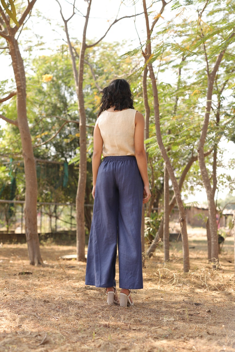 Blue Linen Pants, Washed Linen Bottoms, Palazzo, High Waisted, Baggy Pants With Pockets, Loose Fit, Wide Leg Pants, Plus Size Clothing image 6